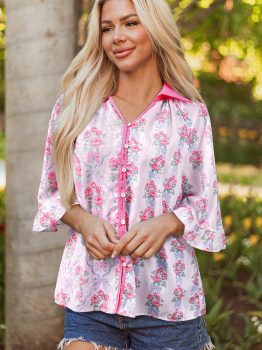 Purple Floral Collared Ruffled Half Sleeve Shirt