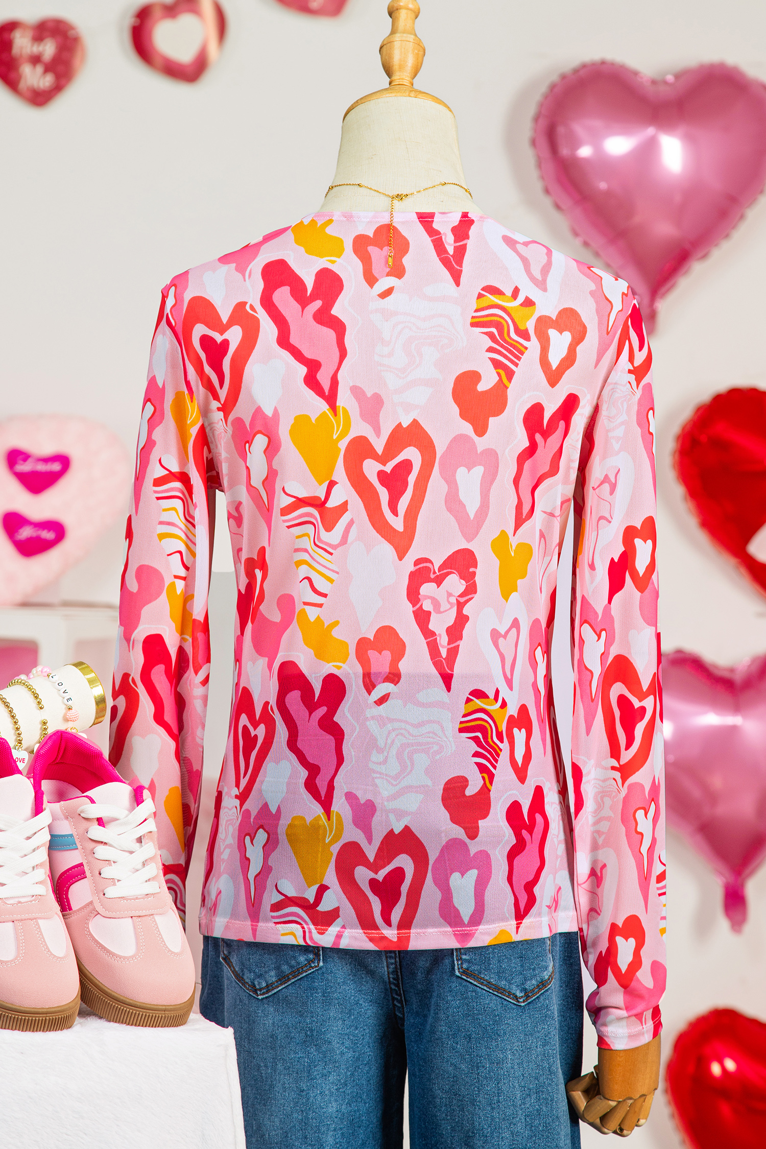 Rose Valentine Heart Mesh Long Sleeve Top - Image 5