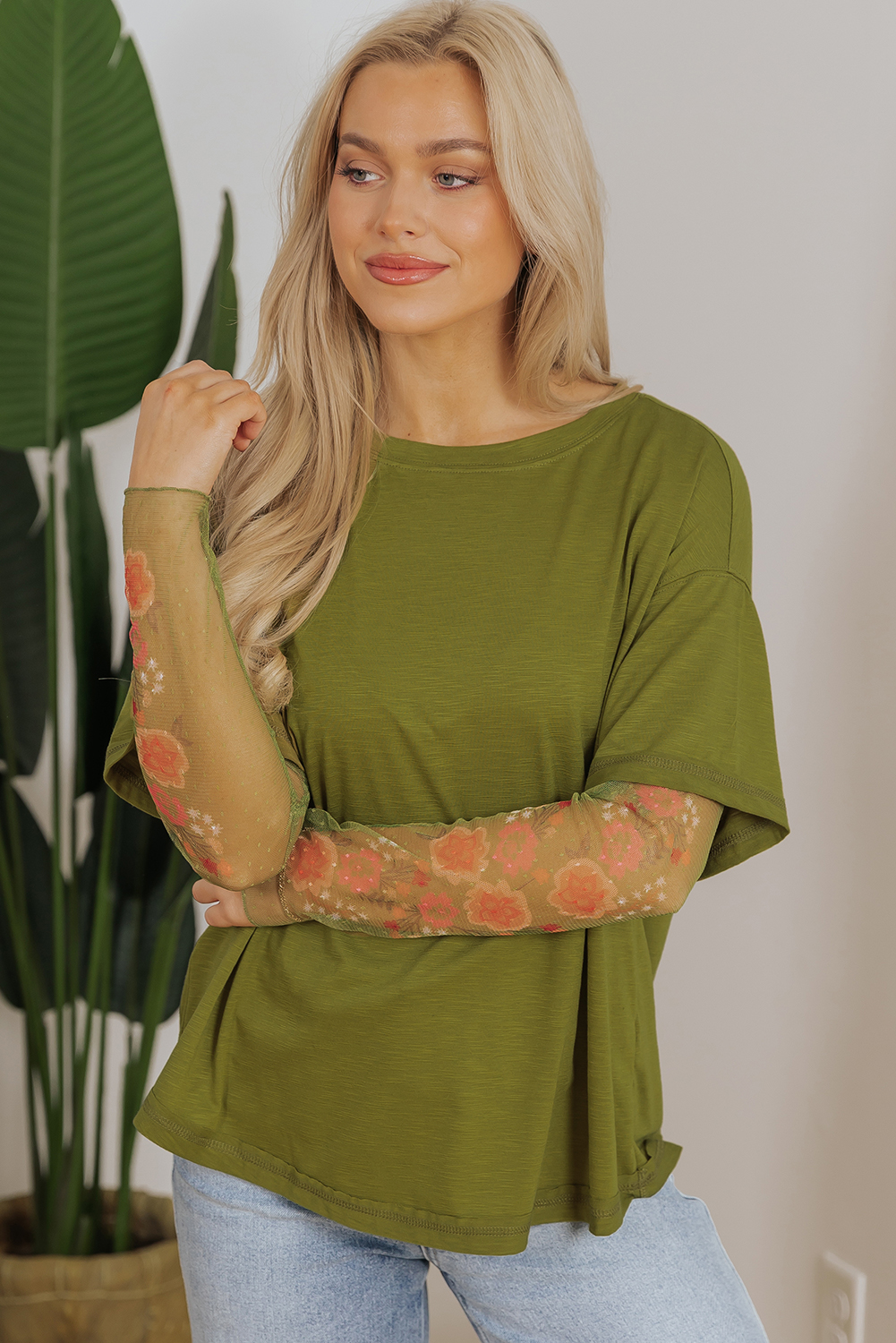 Fern Green Faux Two Piece Floral Long Sleeve Patchwork Tee - Image 3