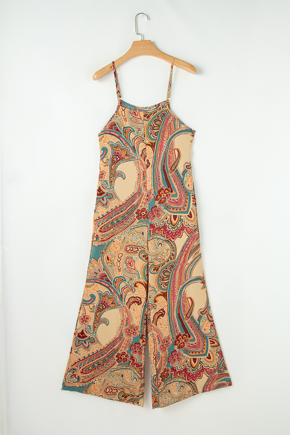 Red Paisley Printed Spaghetti Straps Elegant Wide Leg Jumpsuit - Image 8