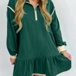 Evergreen Contrast Trim Zip Collar Long Sleeve Ruffle Hem Mini Dress