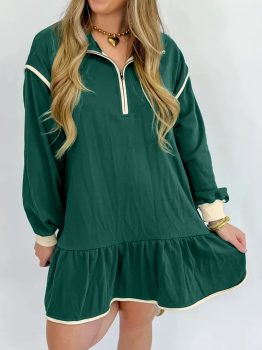 Evergreen Contrast Trim Zip Collar Long Sleeve Ruffle Hem Mini Dress