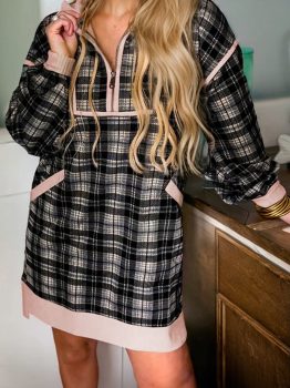Black Plaid Polo Collar Zip up Contrast Trim Shift Long Sleeve Mini Dress
