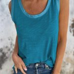 Peacock Blue Metallic Sheen Edge Scoop Neck Tank Top