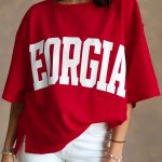 Racing Red GEORGIE Letter Printed Raw Seam Drop Shoulder Loose Tee