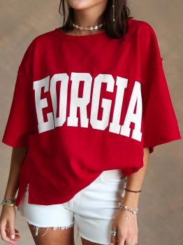 Racing Red GEORGIE Letter Printed Raw Seam Drop Shoulder Loose Tee