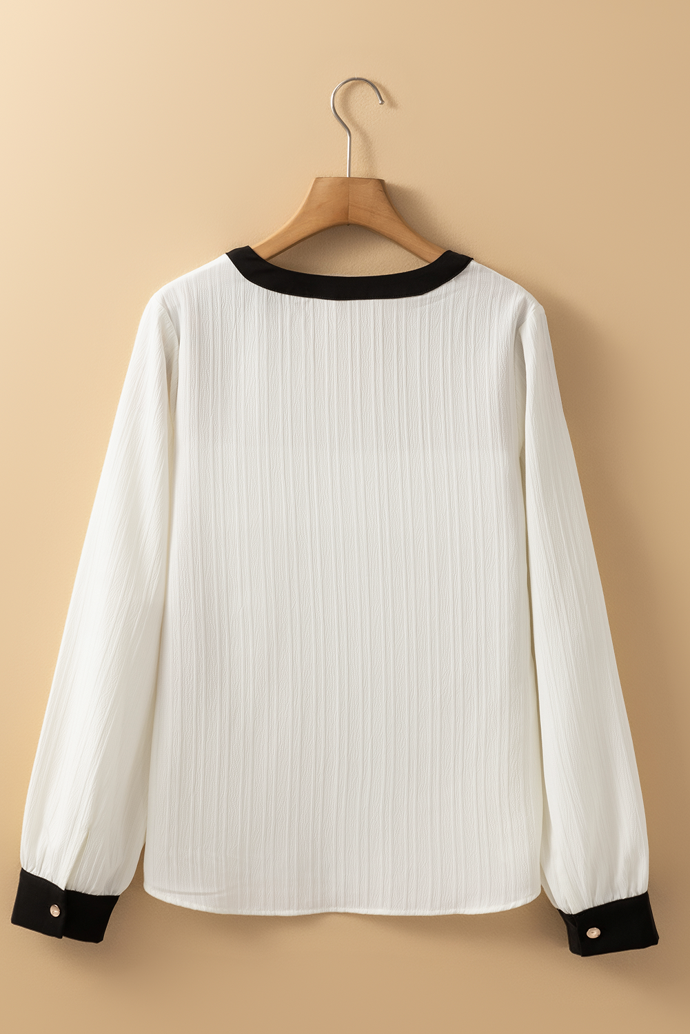 White Textured Colorblock V Neck Elegant Blouse - Image 7