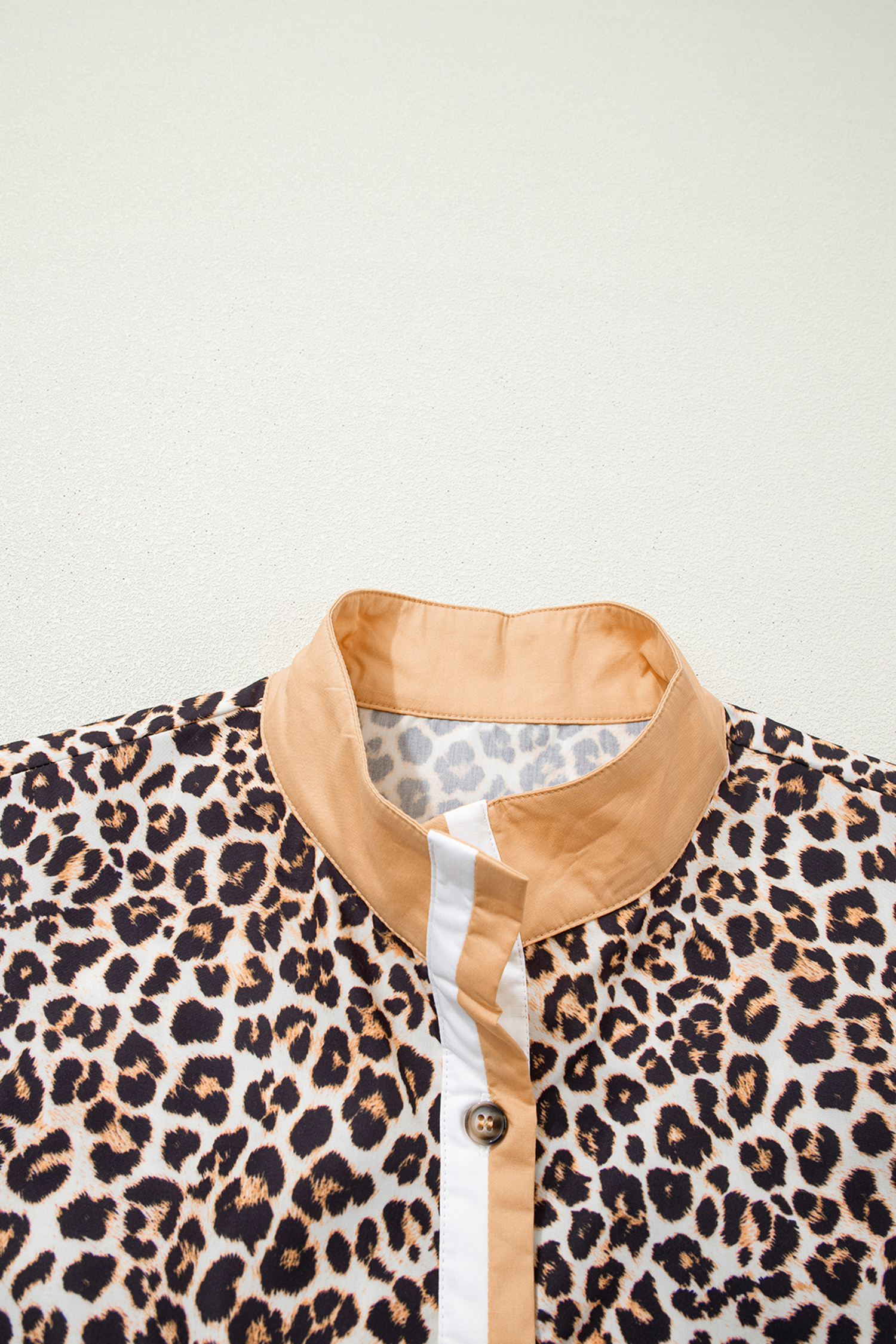 Khaki Button Striped Collar Leopard Print Long Sleeve Flared Dress - Image 7