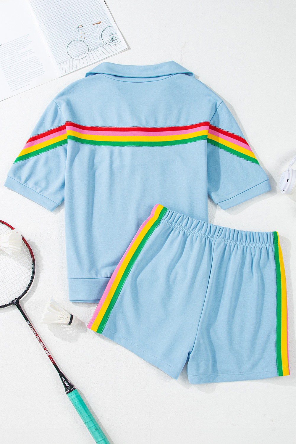 Sky Blue Rainbow Colorblock Collared Short Sleeve Top 2 Piece Shorts Set - Image 4