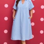 Sky Blue Stripe Shirred Detail Collar V Neck Plus Size Midi Dress