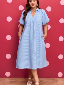 Sky Blue Stripe Shirred Detail Collar V Neck Plus Size Midi Dress