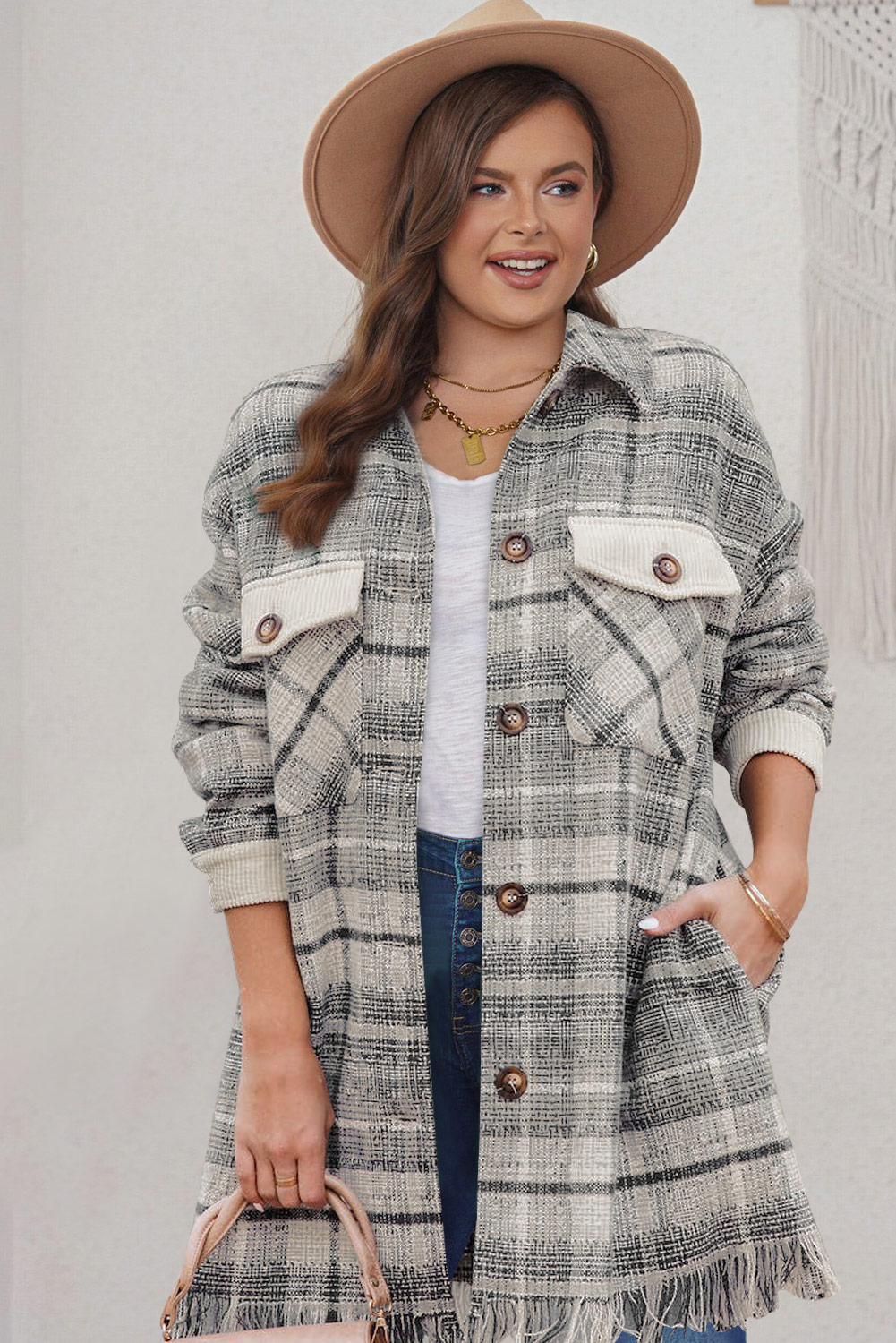 Gray Plus Size Macrame Plaid Coat - Image 3