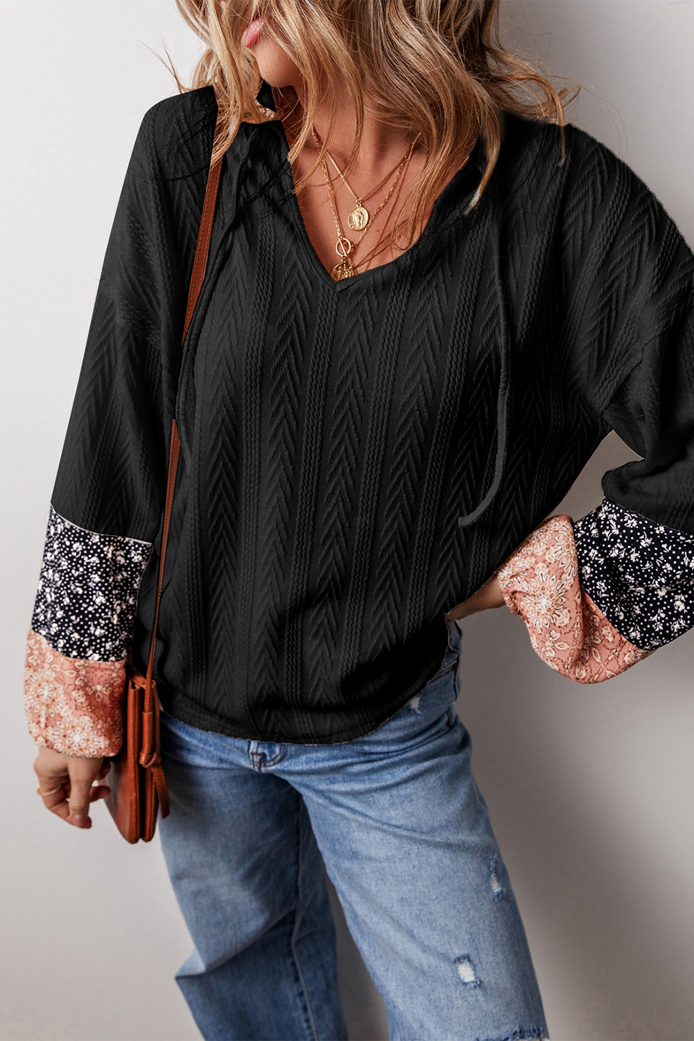 Black Floral Patchwork Textured Knit Drawstring V Neck Blouse - Image 5