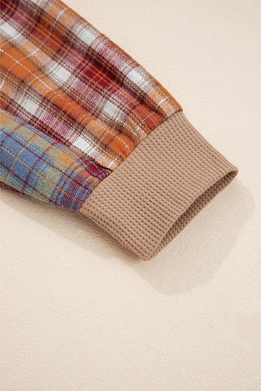 Straw Yellow Waffle Stripe Plaid Patchwork Henley Knit Top - Image 7