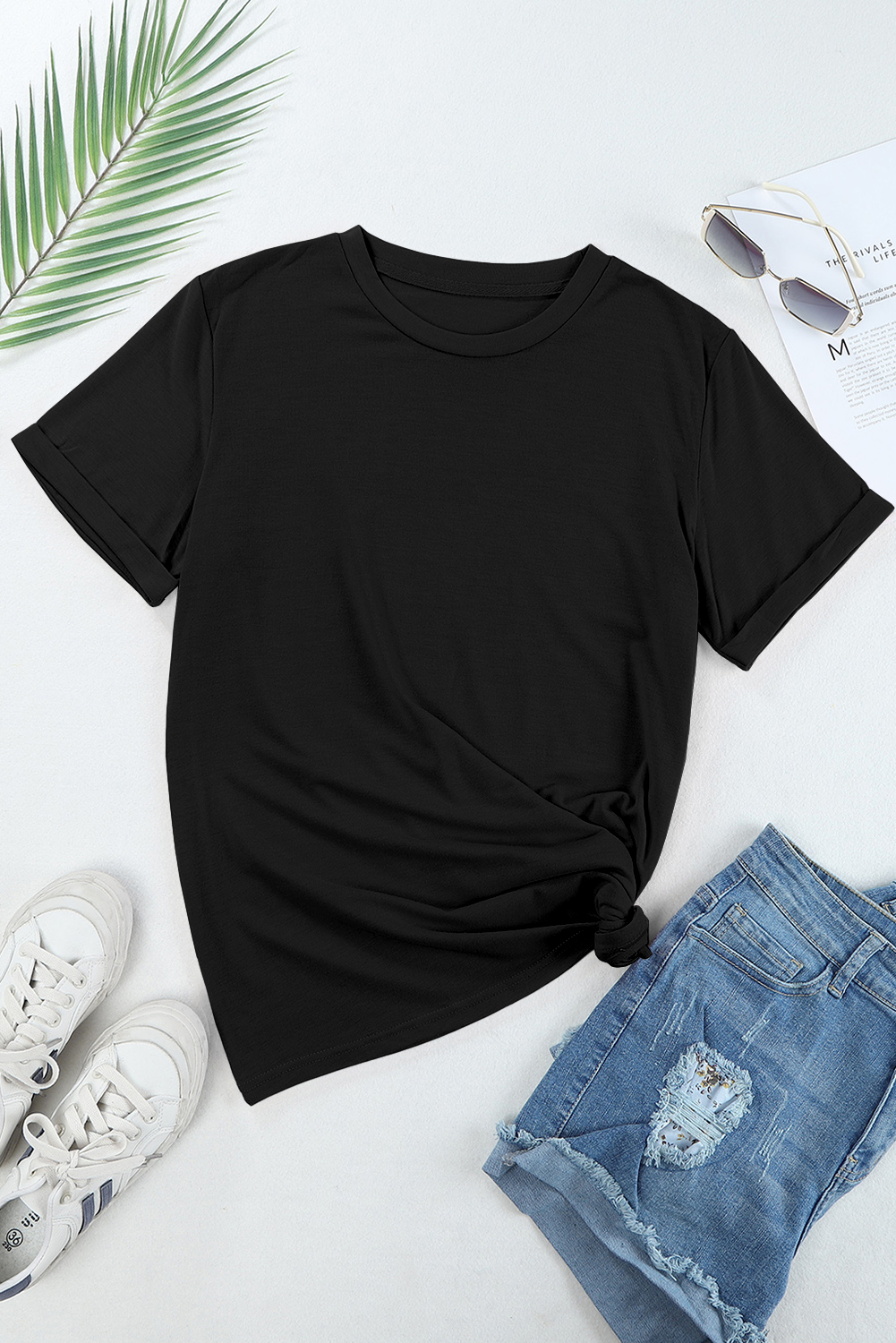Black Casual Plain Crew Neck Tee - Image 5