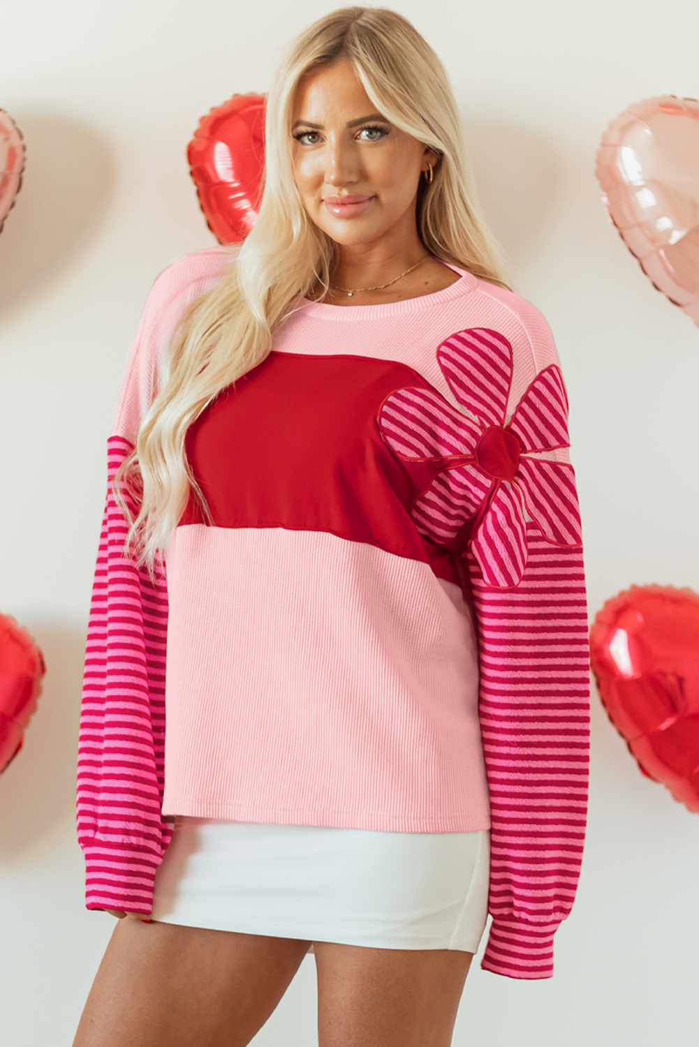Pink Floral Patch Color Block Striped Sleeve Textured Top - Image 4