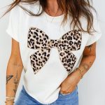 White Leopard Bow Embroidered Cotton Round Neck T Shirt