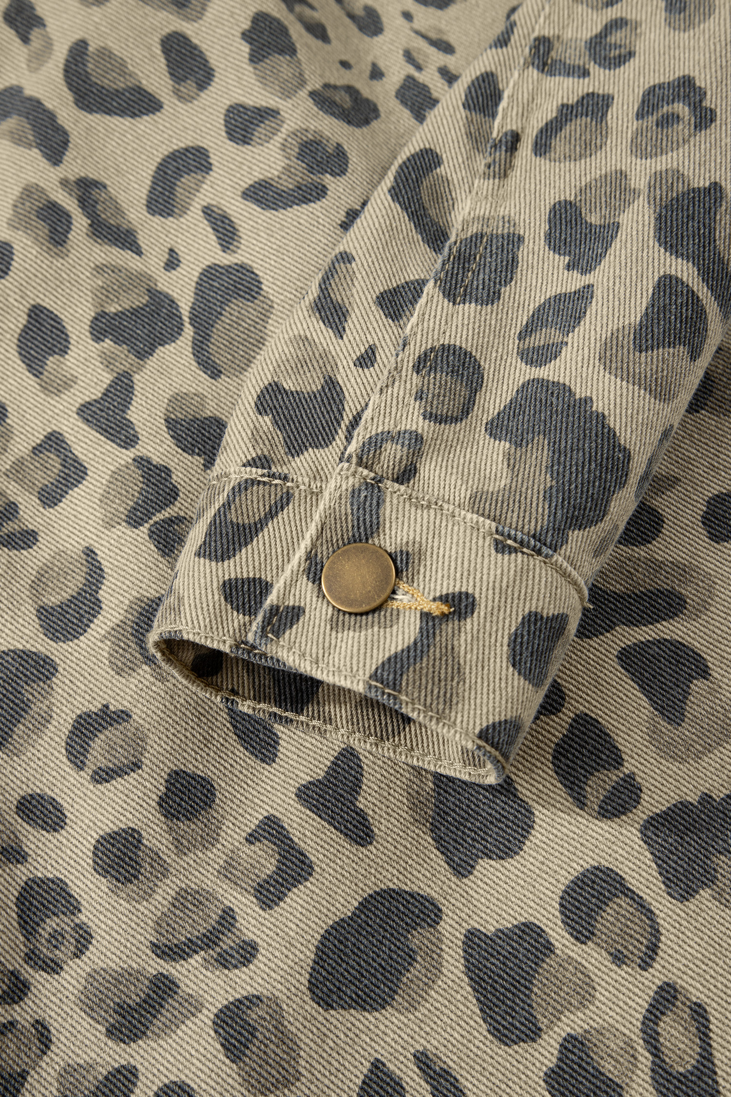 Khaki Retro Leopard Print Seam Detail Button Down Denim Jacket - Image 7