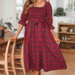 Red Tartan Plaid Square Neck Puff Sleeve Knot Waist Flared Midi Dress