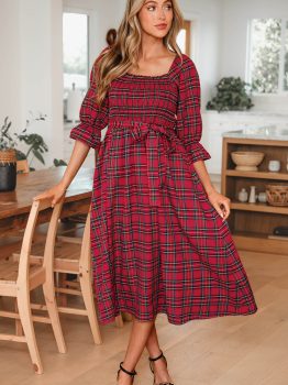 Red Tartan Plaid Square Neck Puff Sleeve Knot Waist Flared Midi Dress
