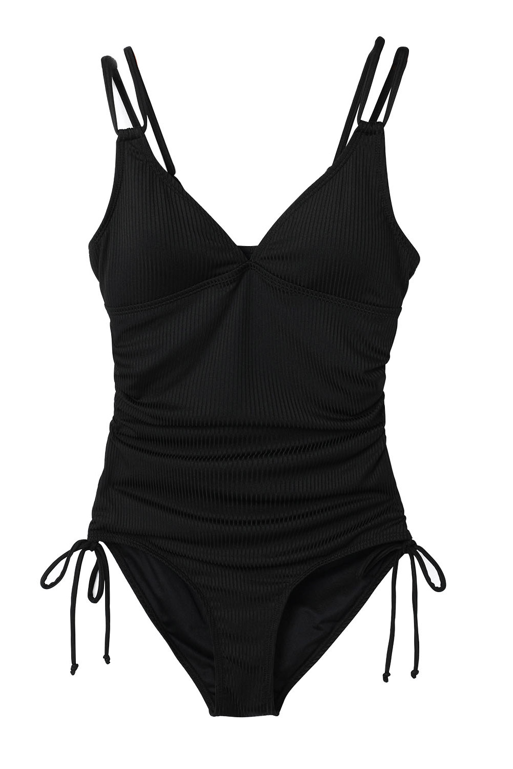 Black Adjustable Straps Ribbed Knit One Piece Swimsuit - Image 7