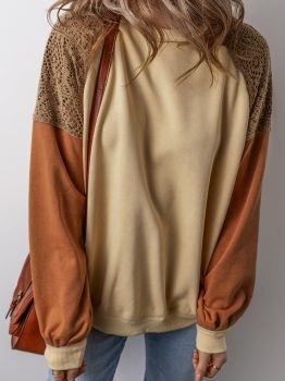 Khaki Lace Patchwork Colorblock Drop Shoulder Sweatshirt