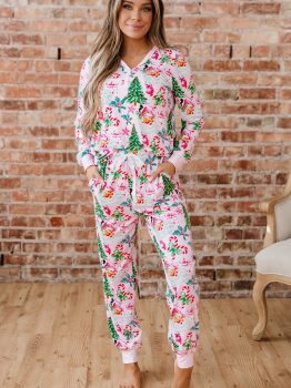 Pink Christmas Pattern Button V Neck Pullover Drawstring Pants 2pcs Lounge Set