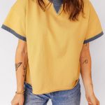 Banana Cream Contrast Trim Raw Hemline Short Sleeve Loose Top