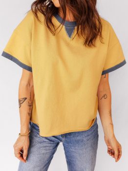 Banana Cream Contrast Trim Raw Hemline Short Sleeve Loose Top