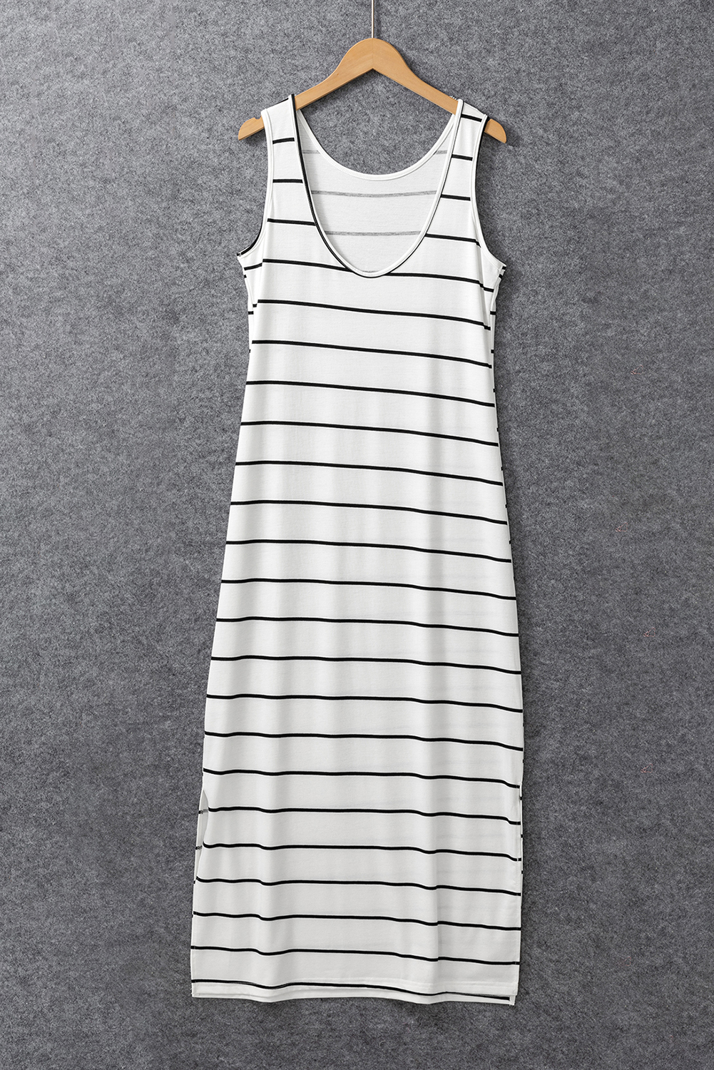 White Stripe Print Open Back Sleeveless Maxi Dress with Slits - Image 8