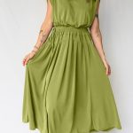 Fern Green Solid V Neck Cap Sleeve Tunic Elastic Waist Versatile Maxi Dress