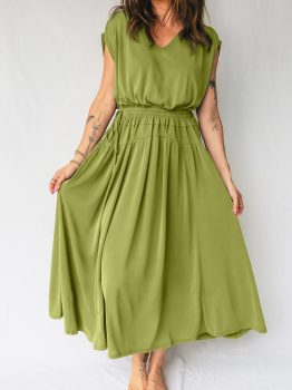Fern Green Solid V Neck Cap Sleeve Tunic Elastic Waist Versatile Maxi Dress