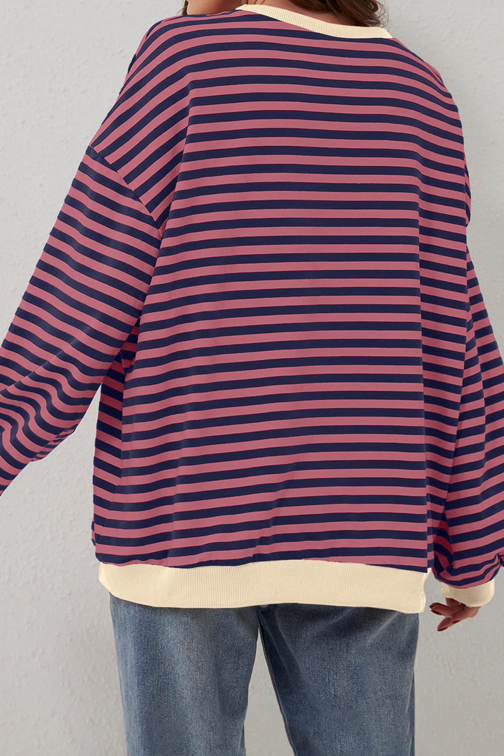 Red Stripe Oversized Contrast Trim Pullover Sweatshirt - Image 5
