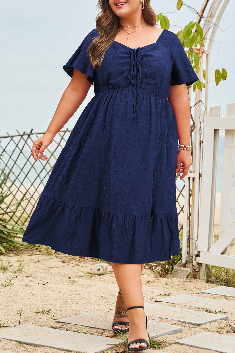 Blue Plus Size Short Sleeve Lace-up High Waist Midi Dress - Image 3