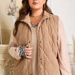 Camel Plus Size Quilted Cord Snap Button Vest Jacket
