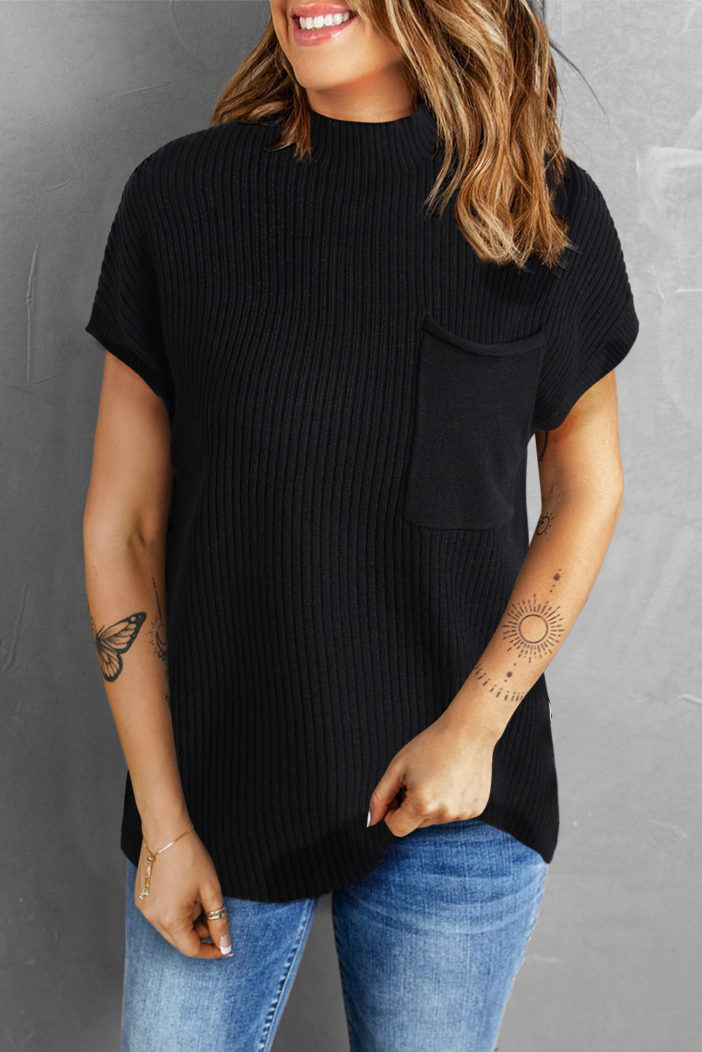 Black Patch Pocket Ribbed Knit Short Sleeve Sweater - Image 8