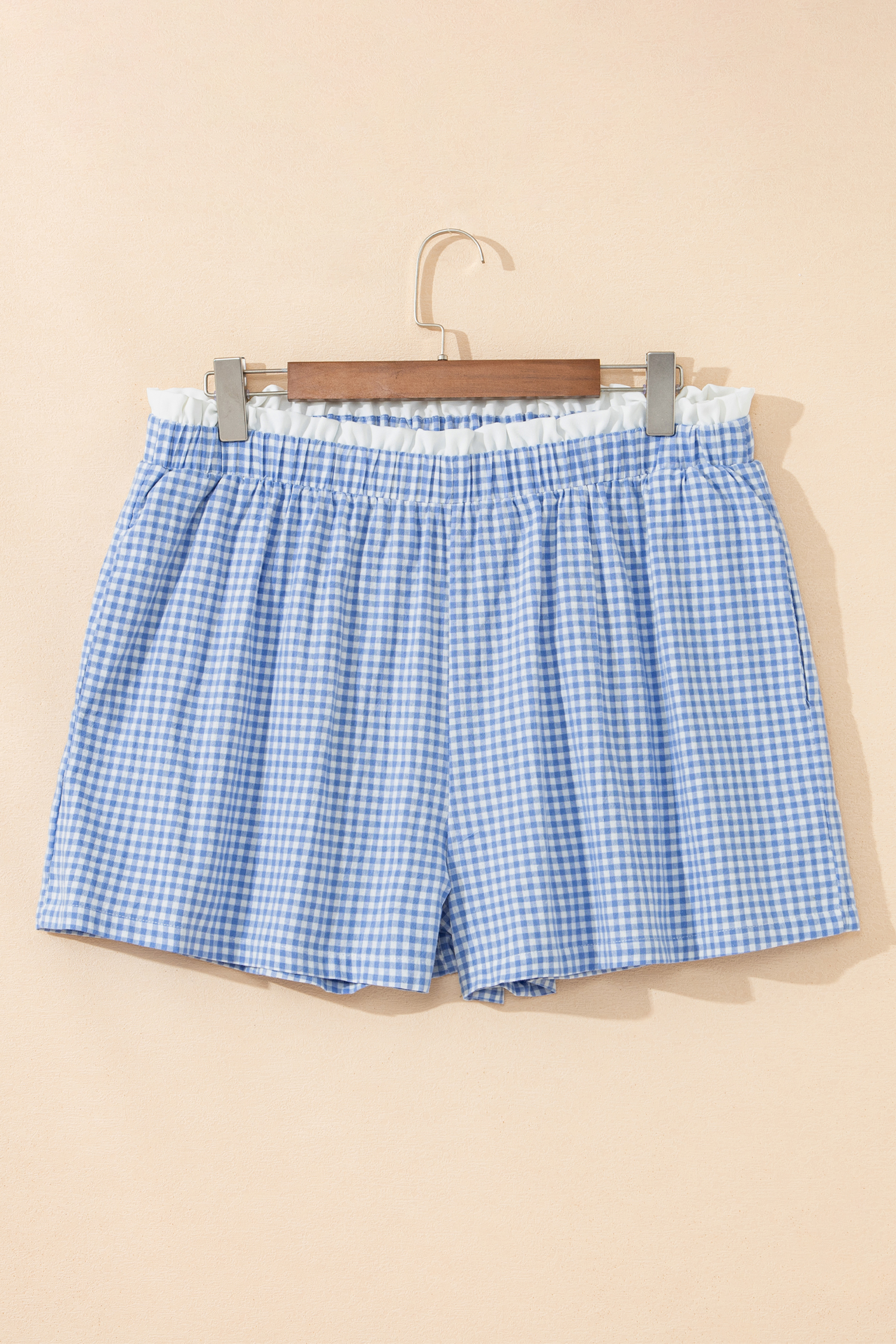 Sky Blue Contrast Trim Plaid Print Plus Size Shorts - Image 3