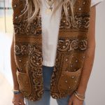 Brown Sherpa Paisley Print Pocketed Western Fashion Vest Jacket
