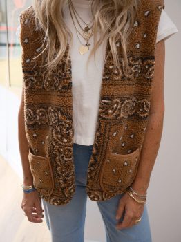 Brown Sherpa Paisley Print Pocketed Western Fashion Vest Jacket