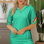 Sea Green Rainbow Colorblock Collared Short Sleeve Top 2 Piece Shorts Set