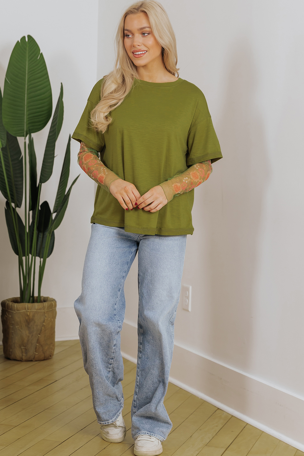 Fern Green Faux Two Piece Floral Long Sleeve Patchwork Tee - Image 8