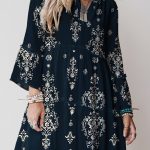 Blue Boho Floral Print Lettuce Trim 3/4 Sleeve Mini Dress