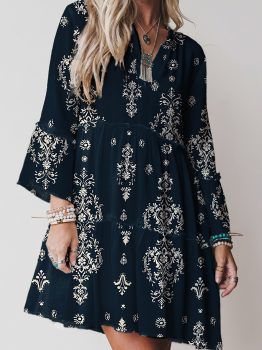 Blue Boho Floral Print Lettuce Trim 3/4 Sleeve Mini Dress
