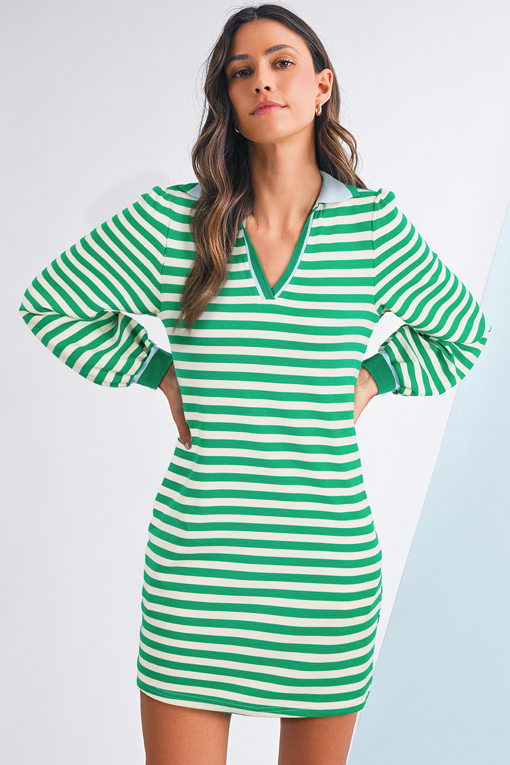 Green Striped Contrast Collar Split Neck Long Sleeve Mini Dress - Image 3