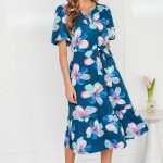Blue Floral Print Short Puff Sleeve Ruffle Hem Belted Long Dress