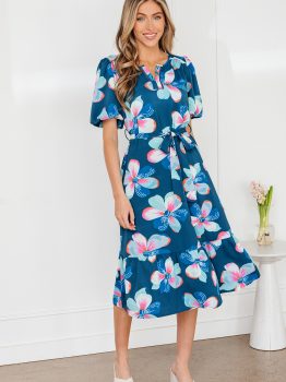 Blue Floral Print Short Puff Sleeve Ruffle Hem Belted Long Dress
