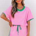 Bonbon Colorblock Edge Drop Shoulder T Shirt and Skort 2Pcs Set
