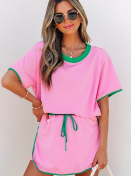 Bonbon Colorblock Edge Drop Shoulder T Shirt and Skort 2Pcs Set