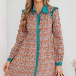 Orange Boho Floral Contrast Collared Shirt Mini Dress