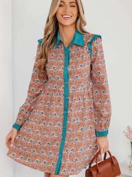 Orange Boho Floral Contrast Collared Shirt Mini Dress